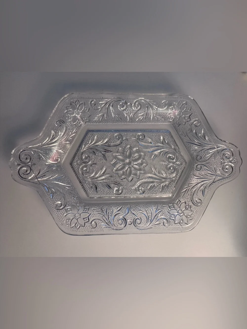 Vintage Decorative Clear Glass Vanity Tray with Intricate Etching Cottagecore